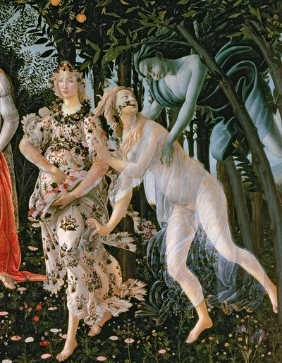 Detalje af Zephyr og Flora som forårets time, fra Primavera-temperaet på paneldetaljen fra 558 af Sandro Botticelli