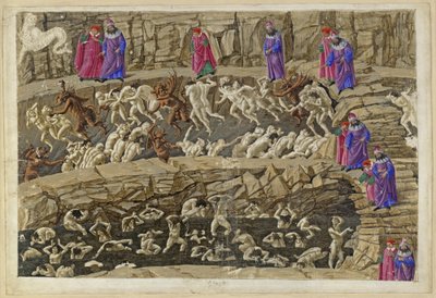 La Divina Commedia, Inferno XVIII. Vergil og Dante i helvedets ottende kreds (Malebolge), 1. og 2. bolgia: Straffen for alfonser og forførere, smigrere og prostituerede af Sandro Botticelli