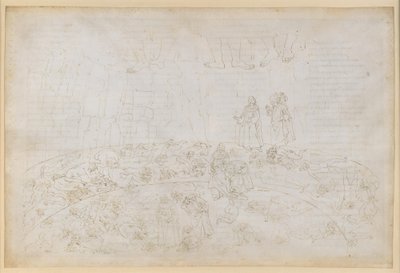La Divina Commedia, Inferno XXXII. Den niende kreds (Cocytus), 1. og 2. afsnit: Straffen for forræderne mod deres slægtninge og fædreland i isen ved Caina og Antenora af Sandro Botticelli