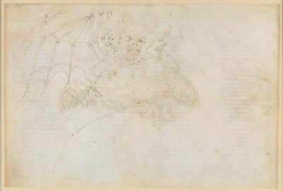 La Divina Commedia, Inferno XXXIV (1): Helvedets centrum: Lucifer i isen på Giudecca, der knuser Judas, Brutus og Cassius af Sandro Botticelli