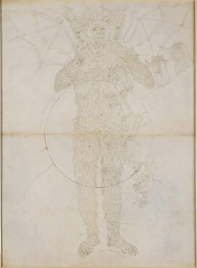 La Divina Commedia, Inferno XXXIV (2). Helvedets centrum: Lucifer i fuld størrelse (Den store Satan); Farvel til Inferno af Sandro Botticelli