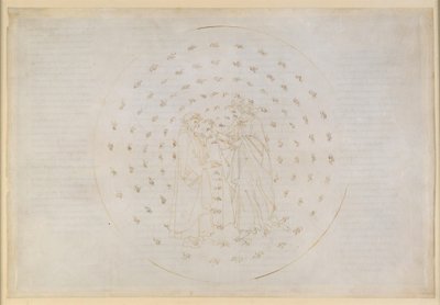 La Divina Commedia, Paradiso VII. Den anden planetsfære (Merkurs himmel): Beatrice indvier Dante i de vanskelige spørgsmål om den guddommelige retfærdighed samt den menneskelige arvesynd og forløsningen gennem Kristi død af Sandro Botticelli