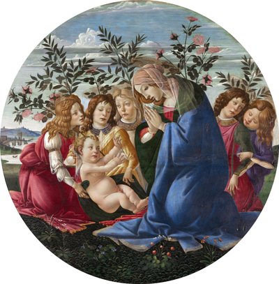 Madonna tilbeder barnet med fem engle af Sandro Botticelli
