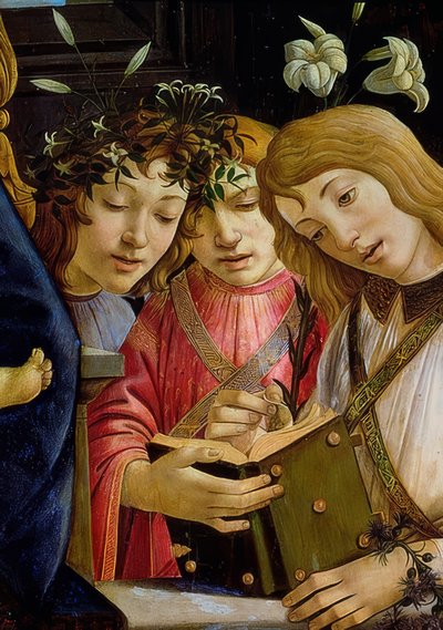 Maria med barnet, Johannes Døberen og engle. Detalje. Omkring 1490 af Sandro Botticelli