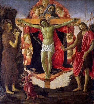 Den hellige treenighed med de hellige Johannes Døberen, Maria Magdalena, Tobias og Rafael, 1491-1493. af Sandro Botticelli