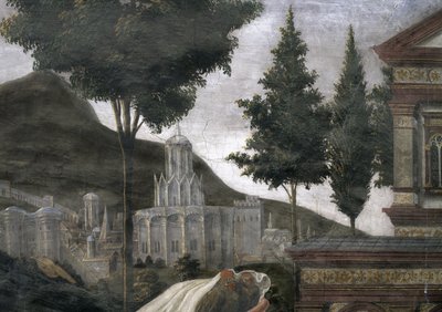 Rensningen af den spedalske og Kristi fristelse, i det sixtinske kapel: detalje af en imaginær by i et landskab, fresko fra 1481 af Sandro Botticelli