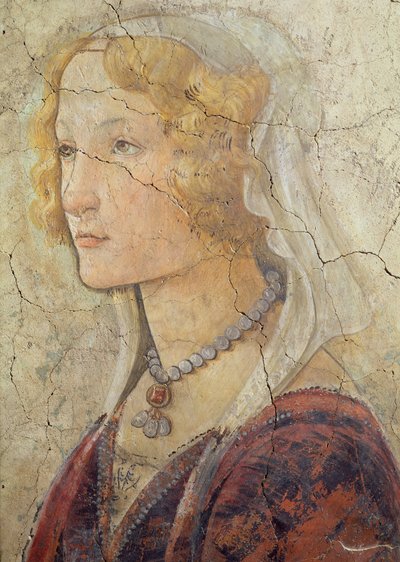 Venus og de tre nåder, der tilbyder gaver til en pige, detalje af pigernes hoved, 1486 freskodetalje fra 33760 se også 93892-93894 af Sandro Botticelli