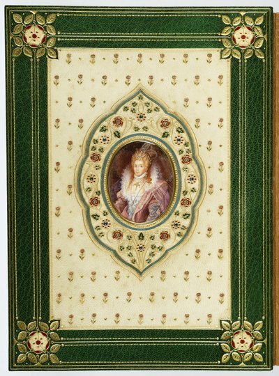 Et ovalt portræt af dronning Elizabeth I (grønt marokkansk læder, cremevandet silke, safirer, pai) af Sangorski and Sutcliffe