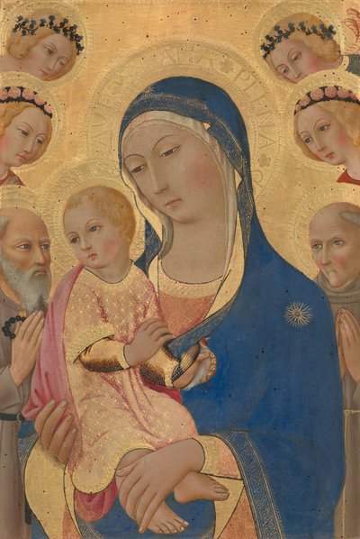 Madonna og barn med Sankt Jerome, Sankt Bernardino og engle, ca. 14601470. af Sano di Pietro