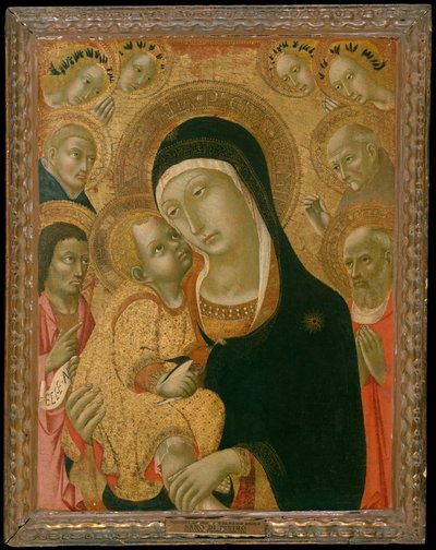 Madonna og barn med de hellige Johannes Døberen, Hieronymus, Peter Martyr..., ca. 1425-før ca. 1467. af Sano di Pietro