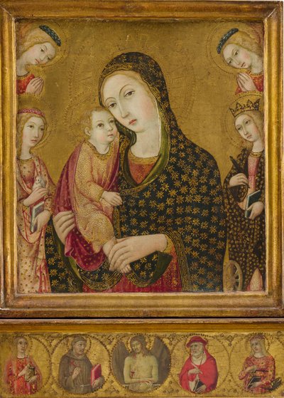 Madonna og barn med den døde Kristus, de hellige Agnes og Catherine af Alexandria...ca. 1470-80. af Sano di Pietro