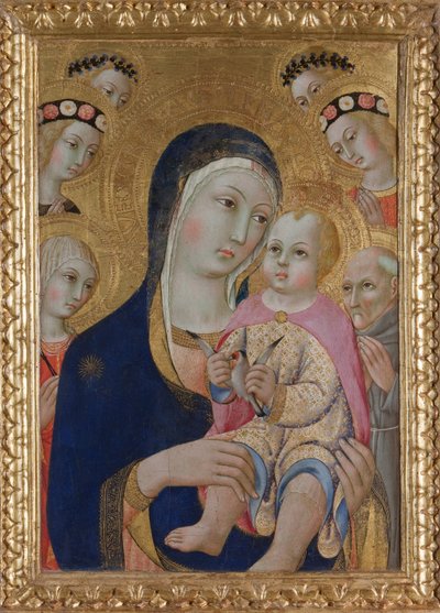 Madonna med barn, de hellige Apollonia og Bernardino og fire engle, ca 1460 af Sano di Pietro