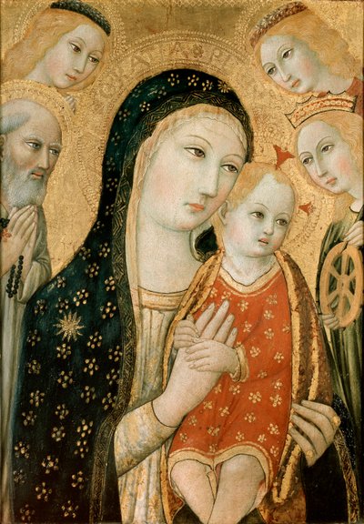 Jomfruen og barnet med den hellige Hieronymus, den hellige Katarina af Alexandria og to engle, c1470 af Sano di Pietro