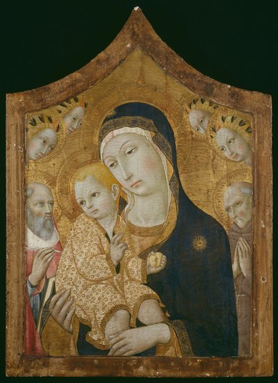 Jomfru og barn med helgenerne Hieronymus, Bernardino af Siena og engle af Sano di Pietro
