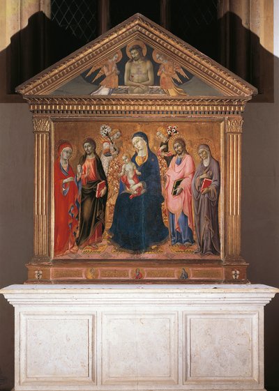 Madonna og barn med hellige og Kristus i Pieta af Sano di also Ansano di Pietro di Mencio Pietro