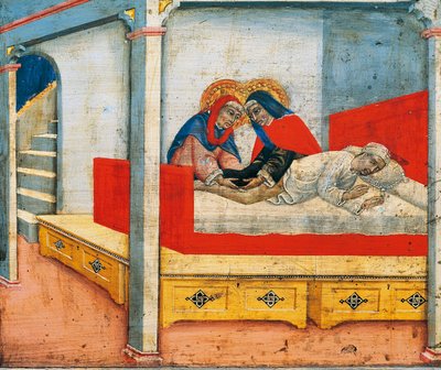 De hellige Cosmas og Damian fastgør Etiopians ben til sacristan (mirakel af Etiopians ben), scene fra Predella af Madonna og Barn med engle og helgener, af Sano di Pietro (1405-1481), panel af Sano di also Ansano di Pietro di Mencio Pietro