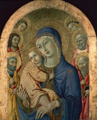 Madonnaen og barnet med hellige og engle (tempera på panel) af Sano di also Ansano di Pietro di Mencio Pietro