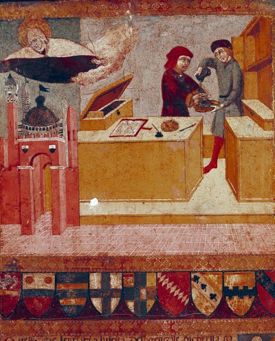 Camerlingvisten vasker symbolsk sine hænder, mens den velvillige og beskyttende Jomfru flyver over byen Siena Detail. Træmaleri af Sano di Pietro (1406-1481) udsmykning af en Biccherna (omslag af regnskabsregisteret for byen Siena) 1451. af Sano di also Ansano di Pietro di Mencio Pietro