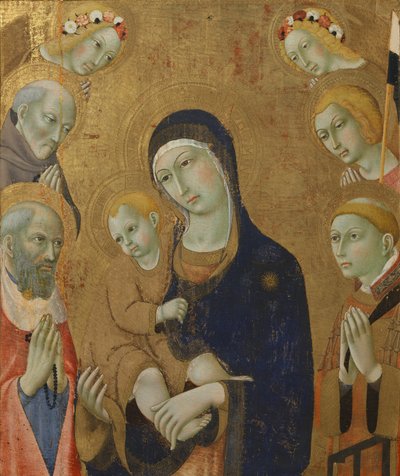 Jomfru og barn, engle og helgener (maleri på træ) af Sano di also Ansano di Pietro di Mencio Pietro