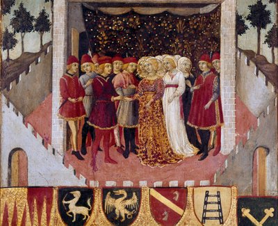 Bryllupsceremoni for et par af adelen i byen Siena Maleri af Sano di Pietro (1406-1481) udsmykning af en Biccherna (omslag af regnskabsregisteret for byen Siena) 1473. Siena Archivio di Stato, Italien af Sano di also Ansano di Pietro di Mencio Pietro