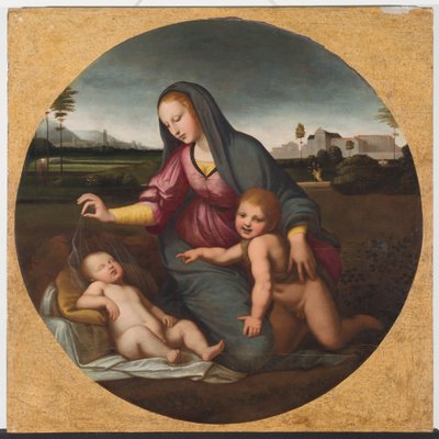 Madonna og barn med den unge St. John, ca. 1500 (olie på træ) af Sanzio of Urbino (follower of) Raphael