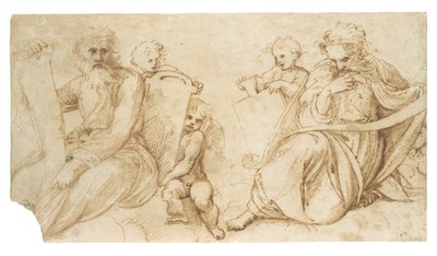 To profeter med skriftruller siddende med putti og holder tabletter af Sanzio of Urbino Raphael