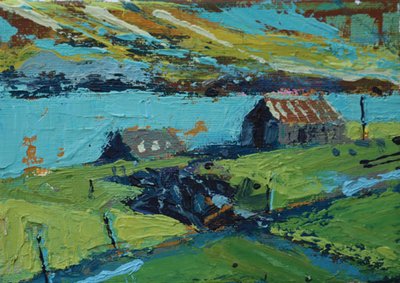 Gård ved havet (akryl på lærred) af Sara Hayward