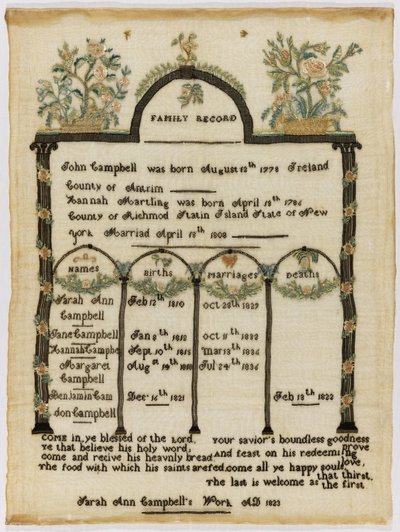 Familieregisterprøveudtager af Sarah Ann Campbell