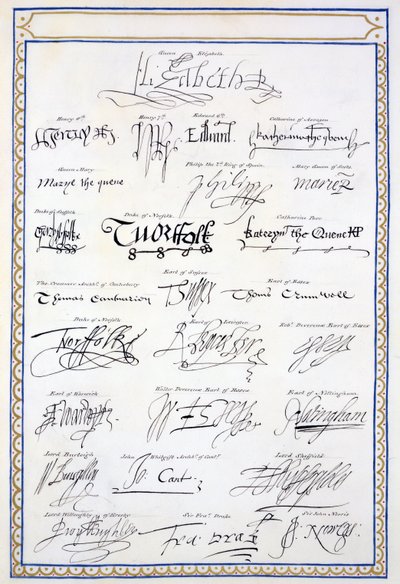 Reproduktion af Tudors og deres hofters signaturer fra "Memoirs of the Court of Queen Elizabeth", udgivet i 1825 (pen og blæk på papir) af Sarah Countess of Essex