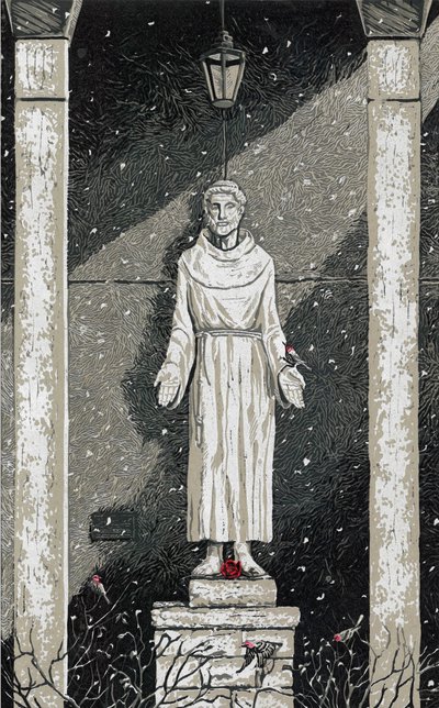 Sankt Frans i sneen, 2023 (maleri) af Sarah Drummond