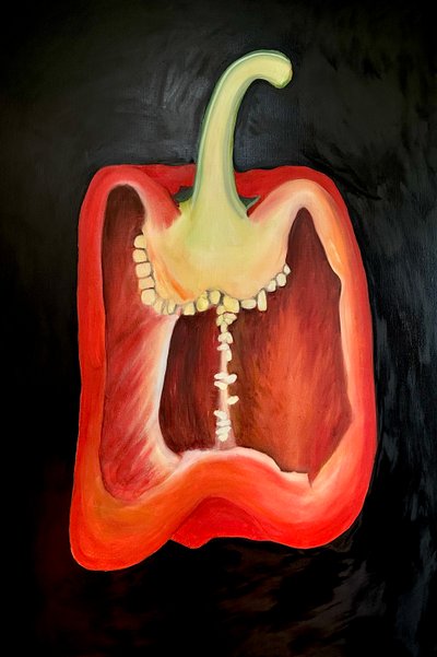 Halv rød peber, 2024 (olie på lærred) af Sarah Thompson-Engels