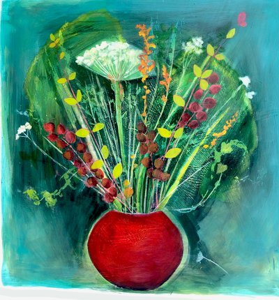 Rødbrun vase, 2022 (olie på lærred) af Sarah Thompson-Engels