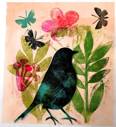 Fugl og sommerfugl, 2019 (blæk mono print) af Sarah Thompson Engels