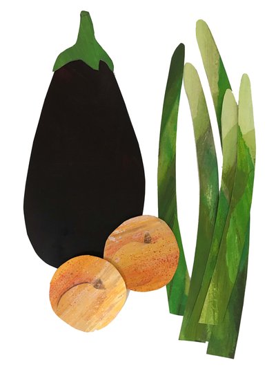 asparges, abrikoser, aubergine, 2019 (collage) af Sarah Thompson Engels