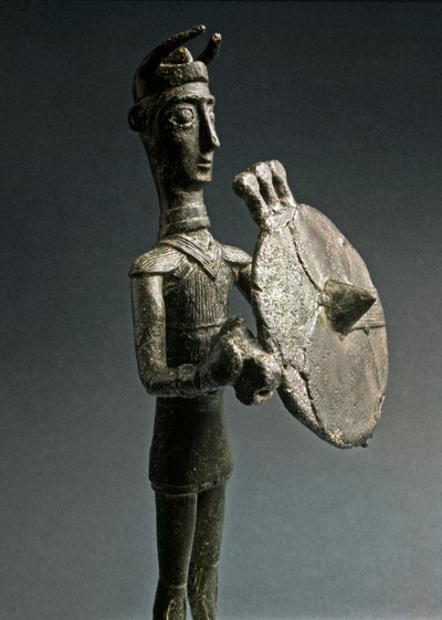 Nuragisk kultur (nuraghi) Sardinsk: bronzestatuette af kriger med skjold. 8.-7. århundrede f.Kr. Nationalmuseet for forhistorisk etnografi 