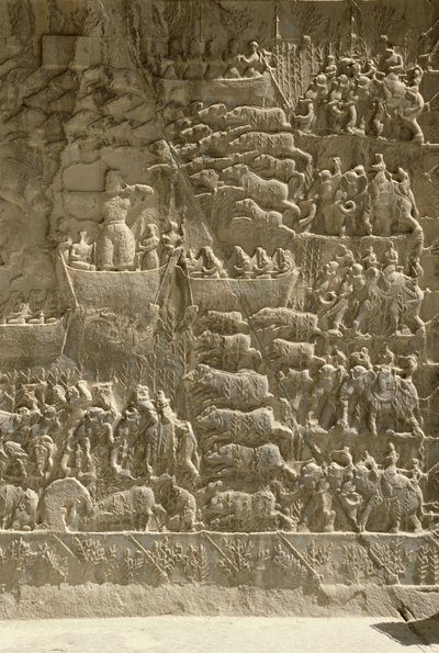 En kongelig ornejagt, muligvis forestillende Khosrow II, der skyder en pil fra en båd, relief fra siden af avanerne, ca. 620 af Sasanian School