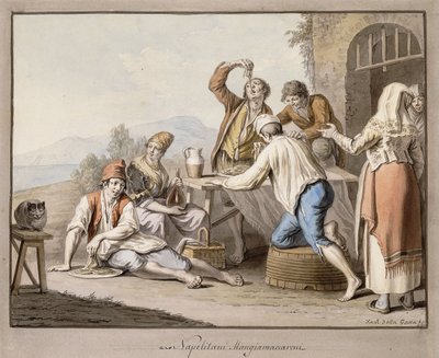 Neopolitanere, der spiser makaroni; Napolitaner Spis macaroni, af Saviero Xavier della Gatta