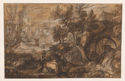 Landskab med en hyrde ved en antik sarkofag af Sébastien Bourdon (attributed to)