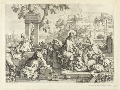 The Holy Family at the washing placedani af Sébastien Bourdon