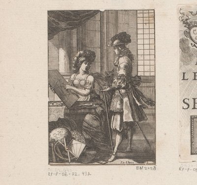 Geometri og ung mand med geometrisk tegning Titelside for: Pratique de la géometrie, sur le papier et sur le terrain (...), 1669 af Sébastien Leclerc (I)