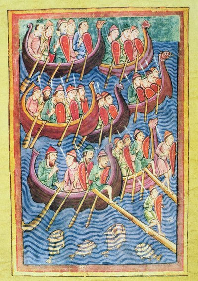 Vikinger går i land i England under den anden migrationsbølge (vellum) af Scandinavian School