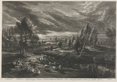 Landskab med hyrde, der spiller på fløjte af Schelte Adams Bolswert