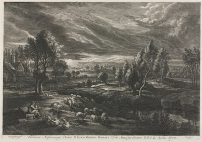 Landskab med hyrde, der spiller på fløjte. af Schelte Adams Bolswert