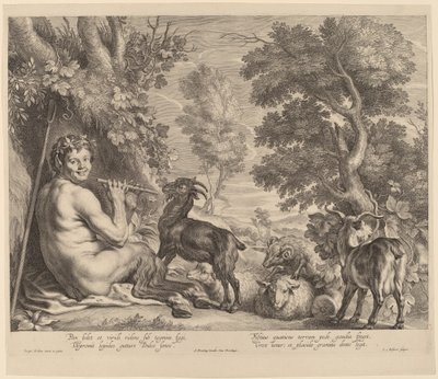 Pan, der spiller fløjte af Schelte Adams Bolswert after Jacob Jordaens