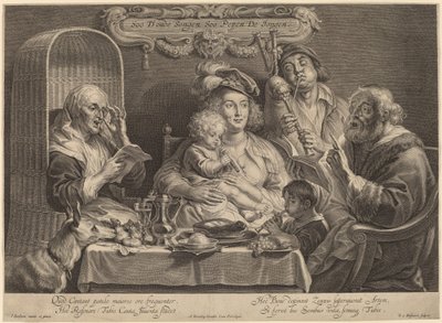 Familiekoncerten (Som de gamle synger, så de unge twitter) af Schelte Adams Bolswert after Jacob Jordaens