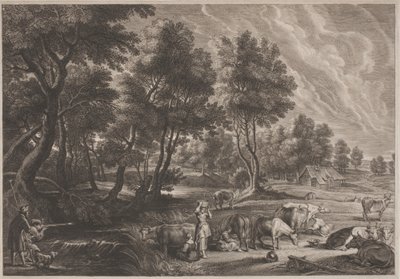 Gårdlandskab med jægere og malkepiger af Schelte Adams Bolswert, after Sir Peter Paul Rubens
