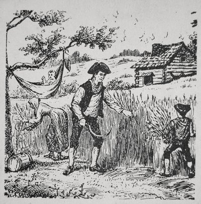 En familie høster majs (litho) af School American