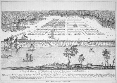 Udsigt over Savannah, Georgia i 1741 (litho) af School American