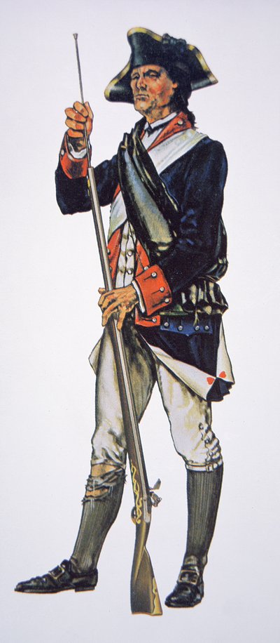 Amerikansk uafhængighedskrigssoldat fra det (amerikanske) Pennsylvania State Regiment (akvarel på papir) af School American