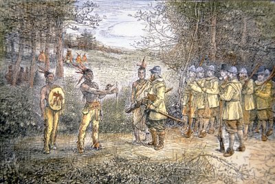 Kaptajn Miles Standish handler med Wampanoag-indianere i 1621 (farve litho) af School American